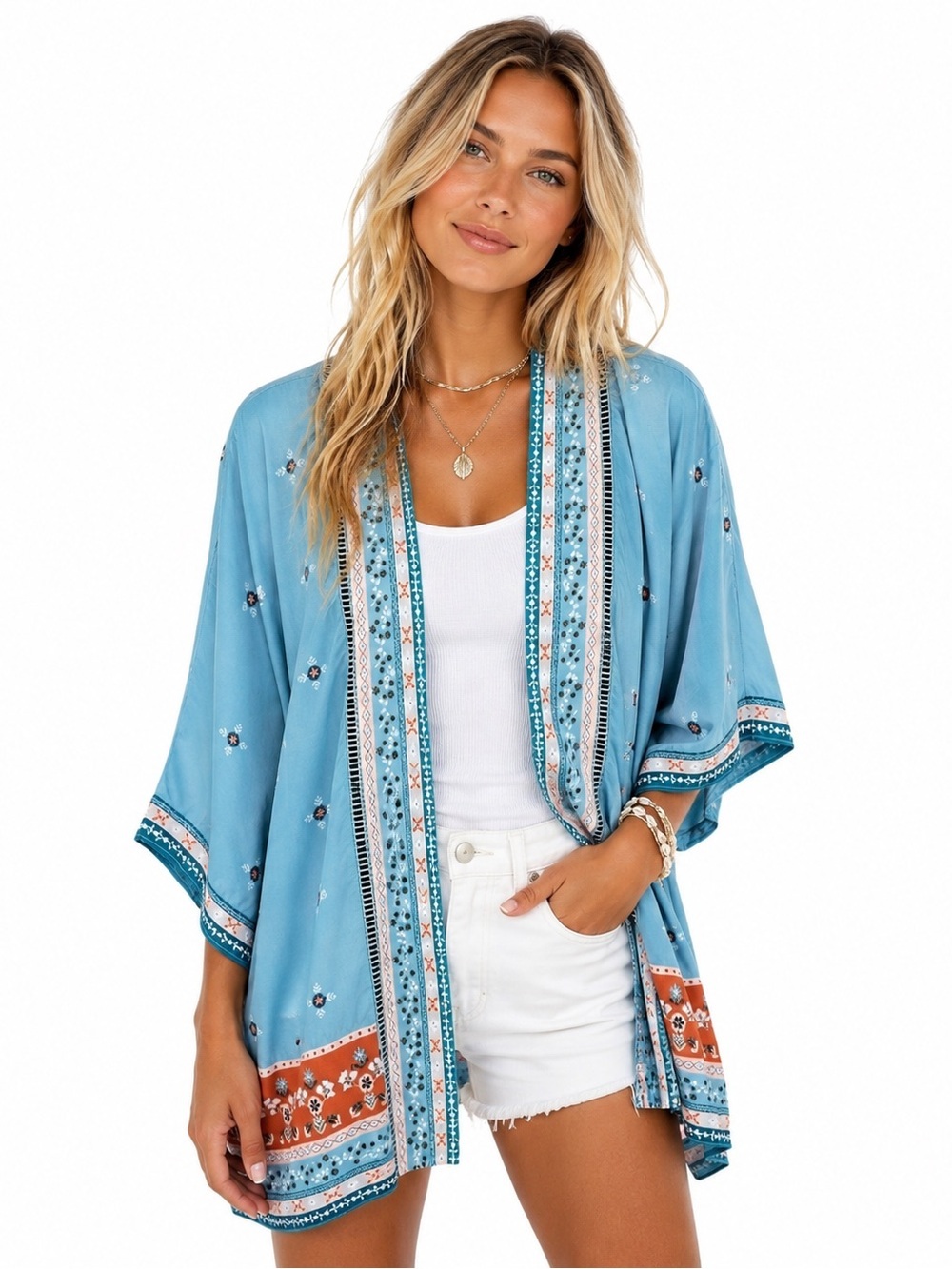 Matilda Jane Blue Boho Floral Border Print Kimono Cardigan Cover Up XS S NWT